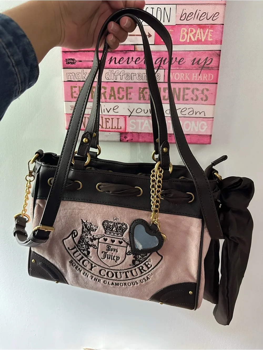 Juicy Couture Pink and Brown Logo Shoulder Bag with Heart Charm